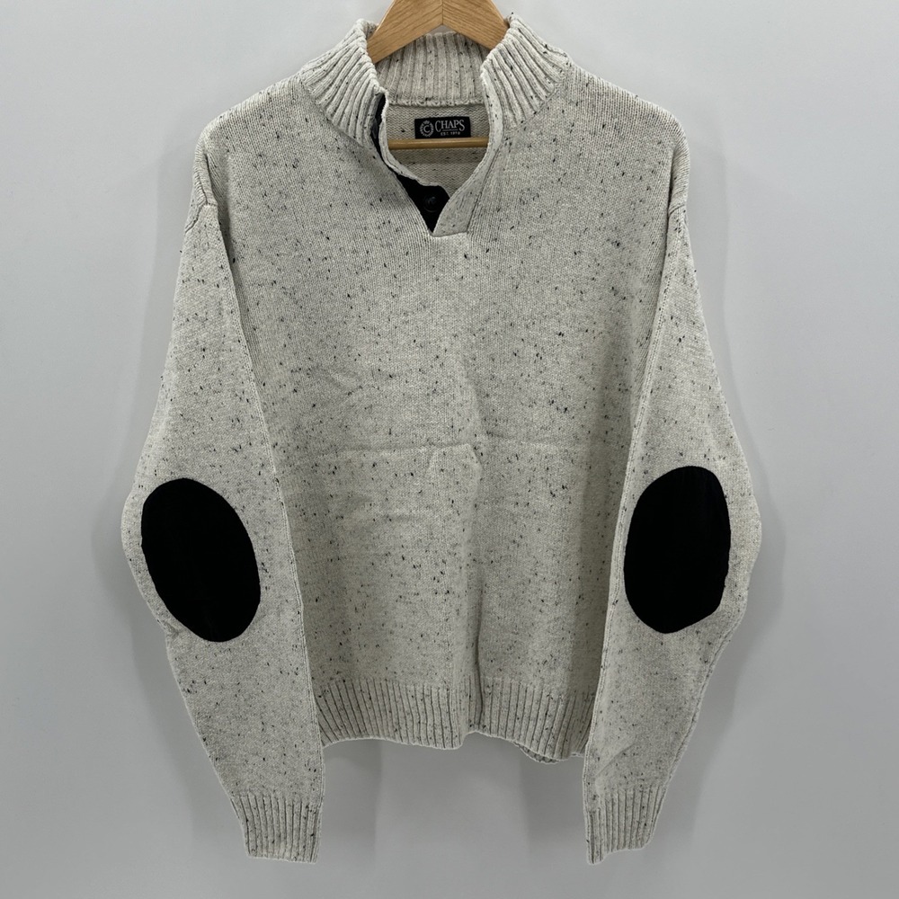 Chaps Sweater Men's Large‎ Oatmeal Quarter Button Pullover Elbow Patches